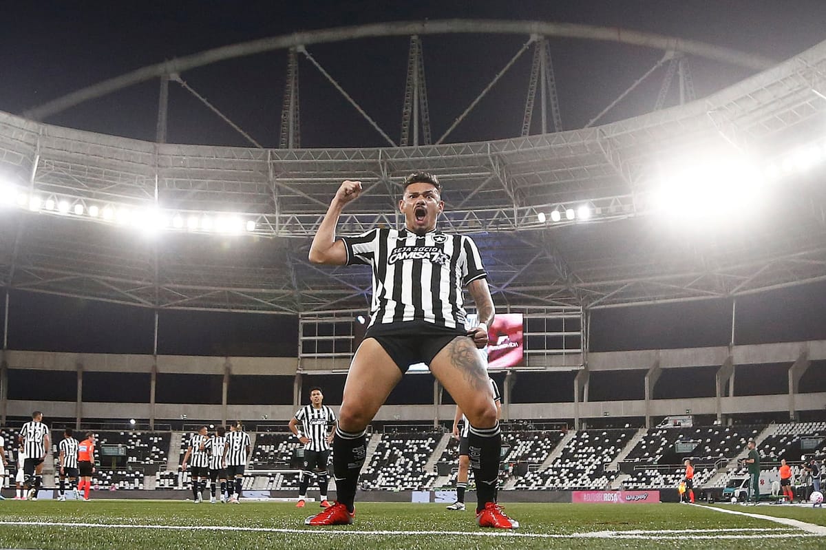 Tiquinho, de camisa listrada do Botafogo, cerra o punho e grita ao comemorar gol, com o estádio Nilton Santos iluminado ao fundo