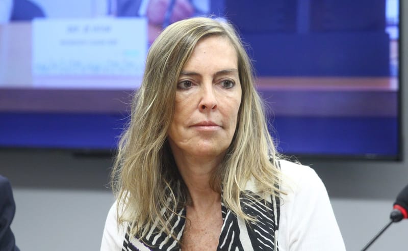 Tatiana Sampaio, de cabelos loiros e blusa branca estampada, sentada diante de uma tela durante audiência na Câmara