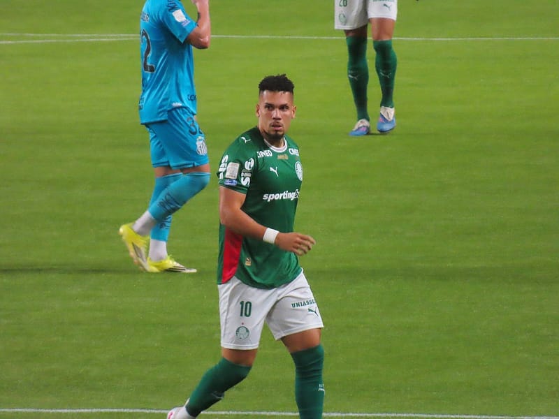 Paulinho, de camisa verde com o número 10 do Palmeiras, olha para o lado em campo, com adversário ao fundo