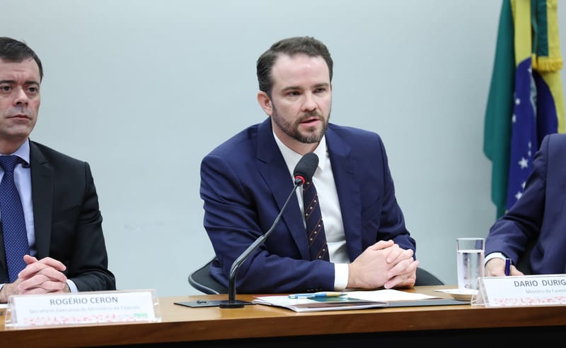 O ministro da Fazenda, Dario Durigan, de terno azul, fala ao microfone sentado à mesa de uma comissão, ao lado da bandeira do Brasil