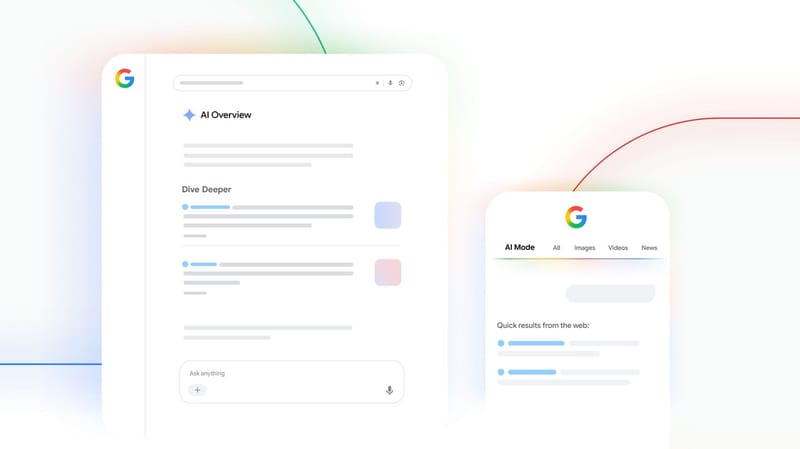 Ilustração oficial do Google mostra a Visão geral criada por IA, com a seção de links Dive Deeper, e a tela do Modo IA no celular