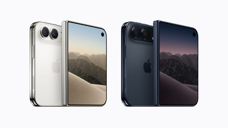 Dois iPhone Duo abertos, um prateado e um azul-marinho, mostrando a tela interna dobrável e as câmeras traseiras