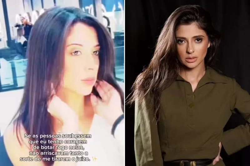 Duas imagens de Paula Simões: à esquerda, em vídeo publicado nas redes sociais, mexendo no cabelo; à direita, em ensaio, de camisa verde-oliva e fundo preto