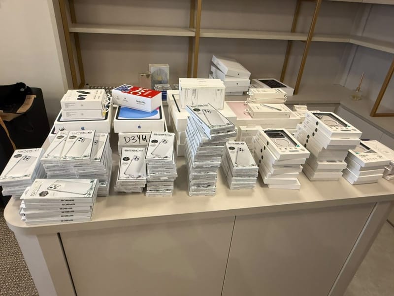 Pilhas de caixas de celulares, capinhas e outros eletrônicos sobre um balcão de loja, apreendidas pela Polícia Federal