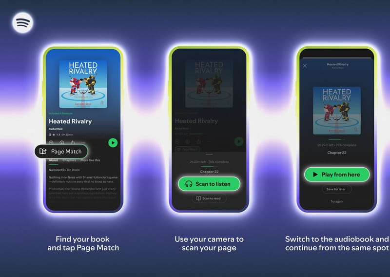Três telas do aplicativo do Spotify mostrando um audiolivro e o recurso Page Match, que escaneia a página do livro para retomar o áudio do mesmo ponto