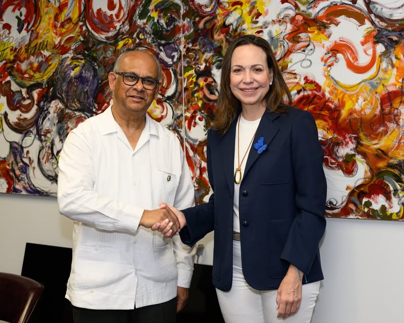 María Corina Machado, de blazer azul-marinho, sorri e aperta a mão do secretário-geral da OEA diante de um grande quadro colorido
