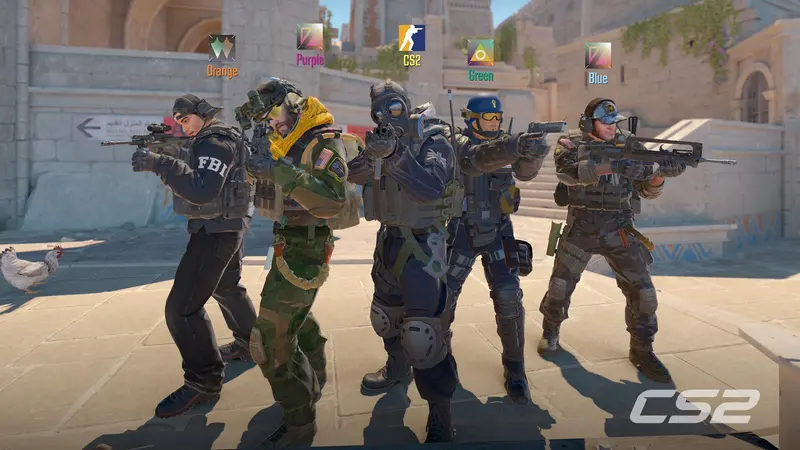 Cena do jogo Counter-Strike 2 com cinco personagens armados, com uniformes e equipamentos personalizados
