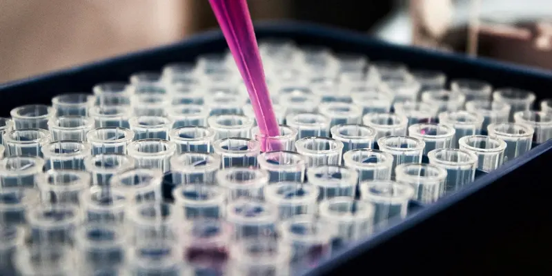 Pipeta despeja líquido rosa em fileiras de tubos de ensaio num laboratório de análises