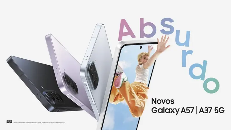 Peça de divulgação dos Galaxy A57 e A37 5G: celulares em várias cores ao lado da palavra Absurdo