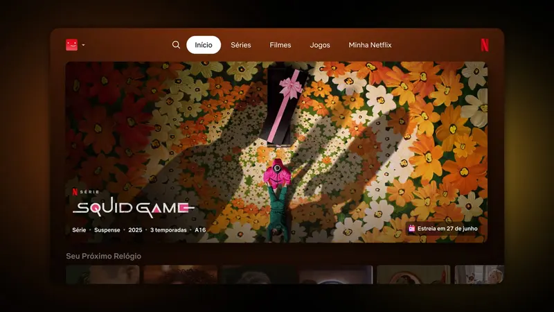 Tela inicial da Netflix em português numa TV, com os menus Início, Séries, Filmes, Jogos e Minha Netflix e o destaque da série Round 6 (Squid Game)