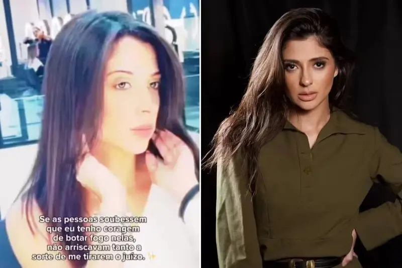 Duas imagens de Paula Simões: à esquerda, em vídeo publicado nas redes sociais, mexendo no cabelo; à direita, em ensaio, de camisa verde-oliva e fundo preto