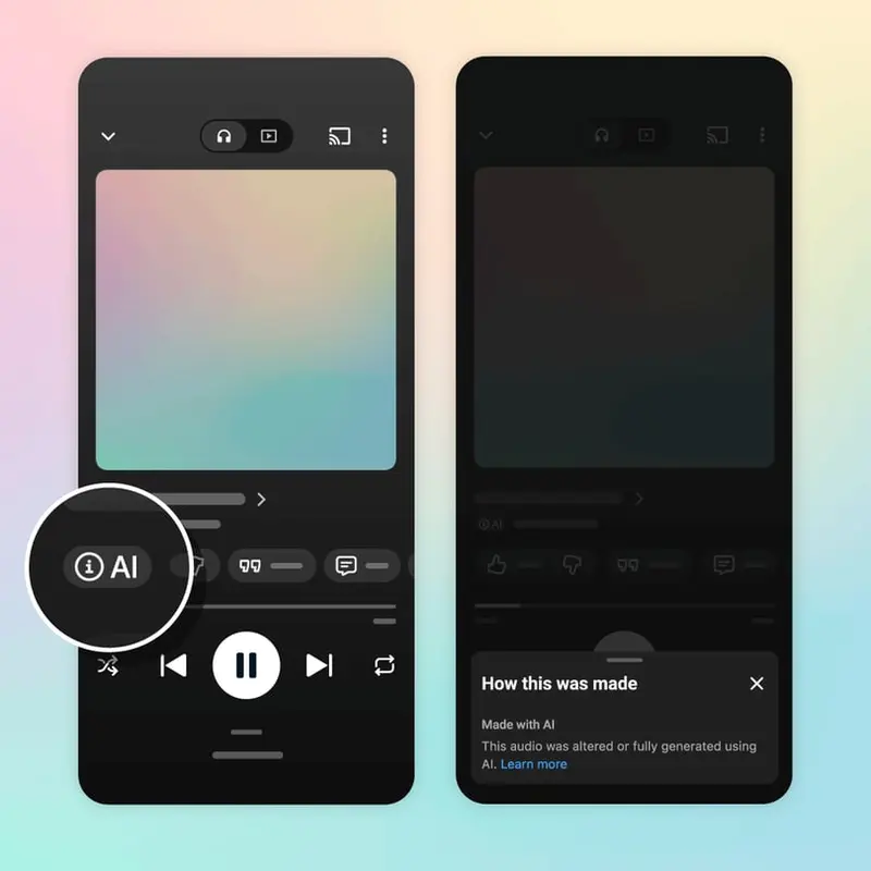 Duas telas do YouTube Music no celular: o selo AI aparece no player e abre o menu que explica como a faixa foi feita